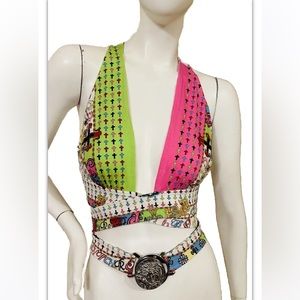 2005 Versace Cross Print Plunging  Medusa Logo Wrap Crop Top Size 46